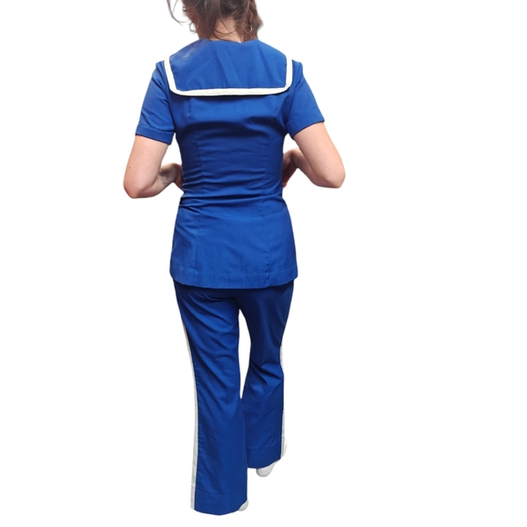 1970 Sailor 2 Piece Blue Pantsuit Sailor Collar Short Sleeve Bell Botom Pants - Picture 2 of 2